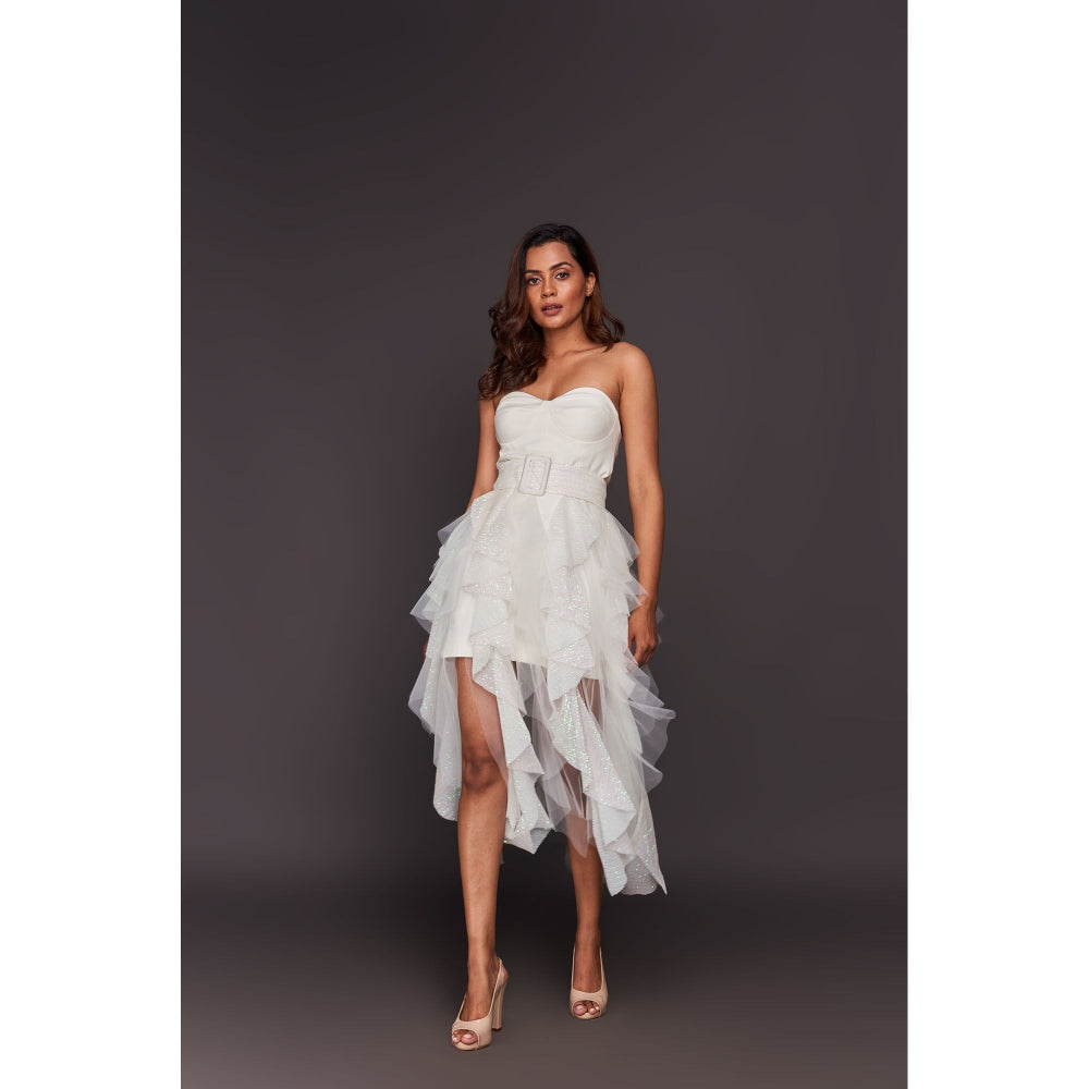 Deepika Arora White Corset Top with Sequin Ruffled Skirt, Belt and Inner Skirt (Set of 4)