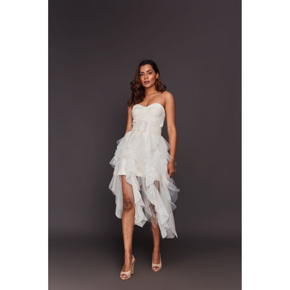 Deepika Arora White Corset Top with Sequin Ruffled Skirt, Belt and Inner Skirt (Set of 4)
