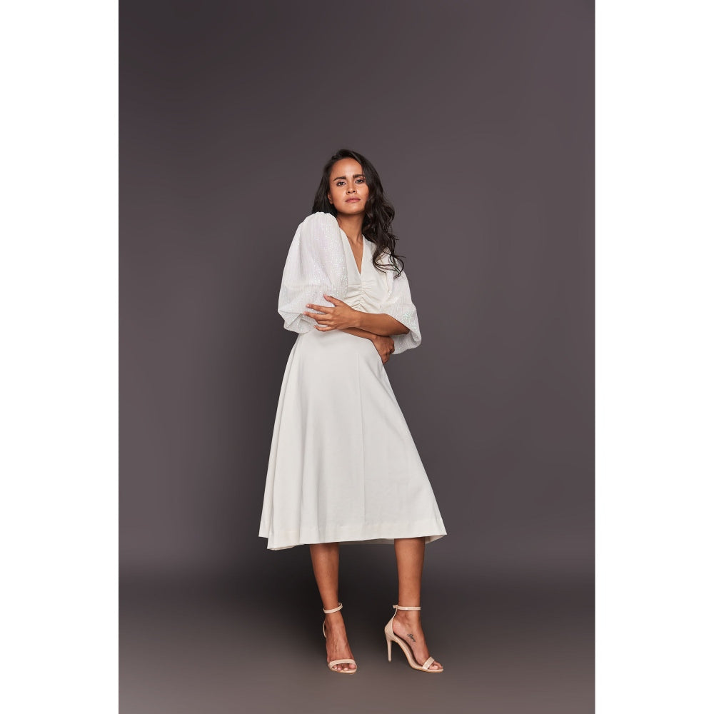 Deepika Arora White Puff Sleeves Midi Dress