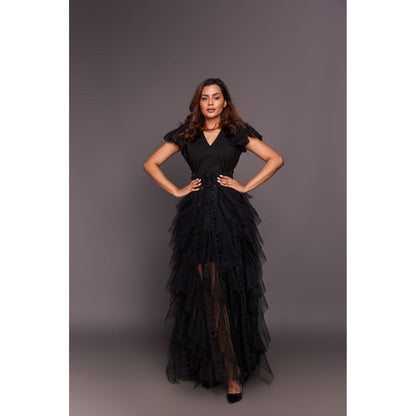 Deepika Arora Black V Neck Ruffled Maxi Dress (Set of 2)