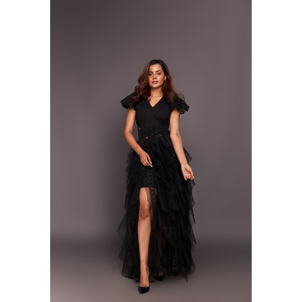 Deepika Arora Black V Neck Ruffled Maxi Dress (Set of 2)