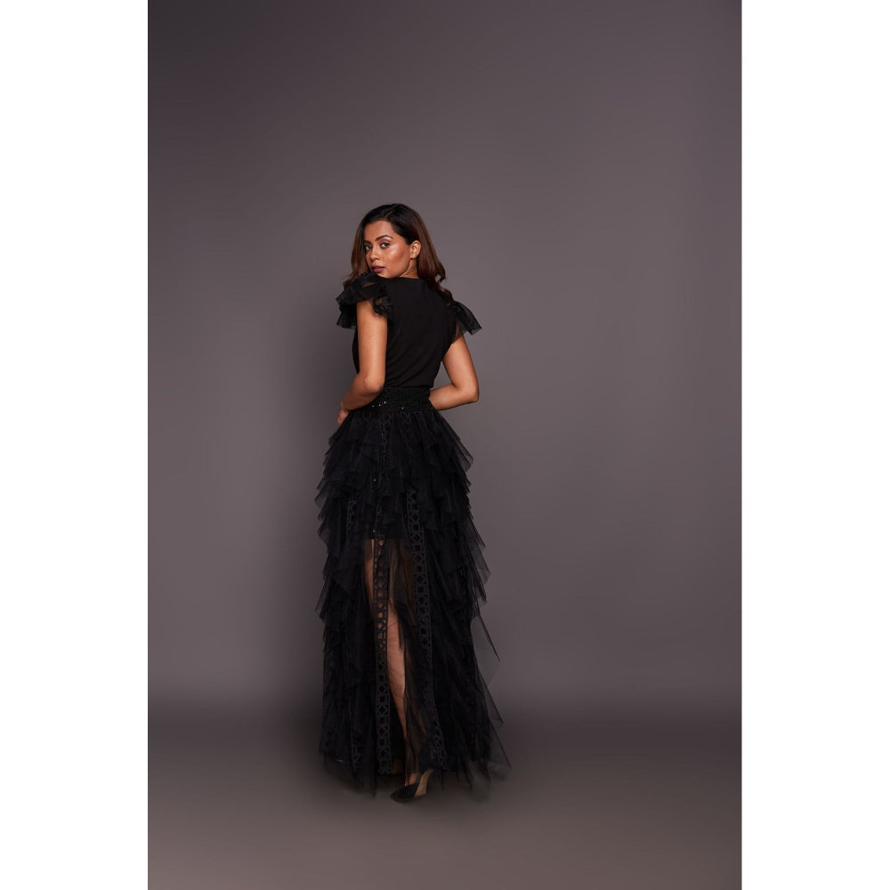 Deepika Arora Black V Neck Ruffled Maxi Dress (Set of 2)
