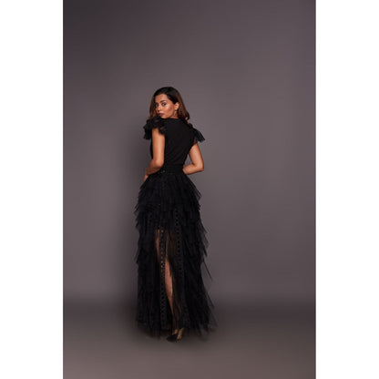 Deepika Arora Black V Neck Ruffled Maxi Dress (Set of 2)