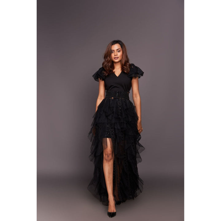 Deepika Arora Black V Neck Ruffled Maxi Dress (Set of 2)