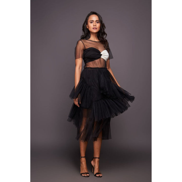 Deepika Arora Black Ruffled Midi Dress with Inner Skirt and Bustier (Set of 3)