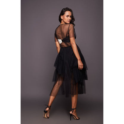 Deepika Arora Black Ruffled Midi Dress with Inner Skirt and Bustier (Set of 3)