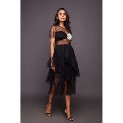 Deepika Arora Black Ruffled Midi Dress with Inner Skirt and Bustier (Set of 3)