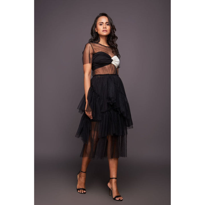 Deepika Arora Black Ruffled Midi Dress with Inner Skirt and Bustier (Set of 3)