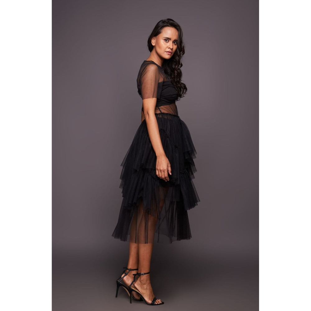 Deepika Arora Black Ruffled Midi Dress with Inner Skirt and Bustier (Set of 3)
