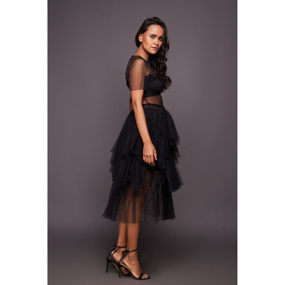 Deepika Arora Black Ruffled Midi Dress with Inner Skirt and Bustier (Set of 3)
