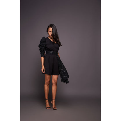 Deepika Arora Black One Shoulder Playsuit with Belt (Set of 2)