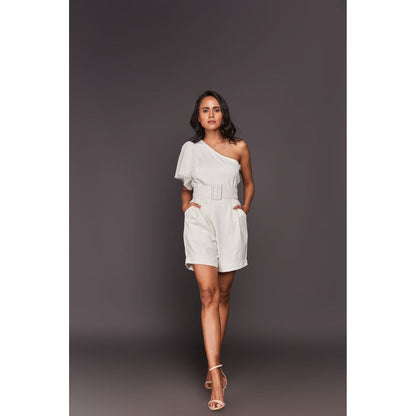 Deepika Arora White One Shoulder Playsuit with Belt (Set of 2)