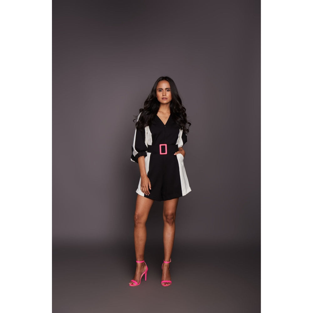 Deepika Arora Black Panelled Playsuit with Belt (Set of 2)