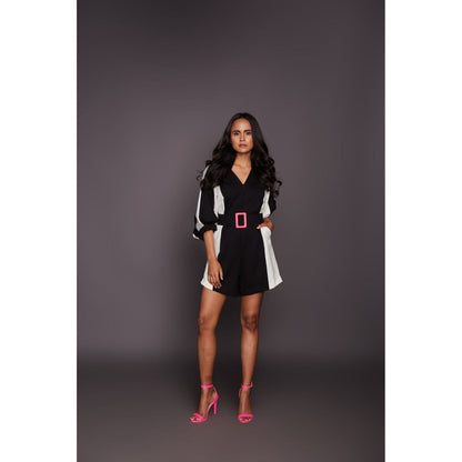 Deepika Arora Black Panelled Playsuit with Belt (Set of 2)