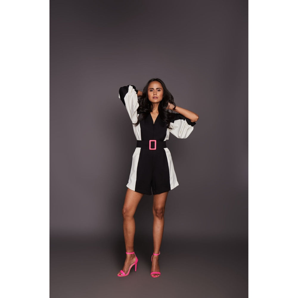 Deepika Arora Black Panelled Playsuit with Belt (Set of 2)