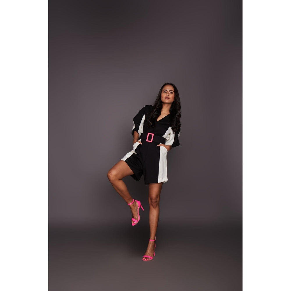 Deepika Arora Black Panelled Playsuit with Belt (Set of 2)