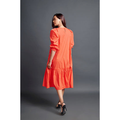 Deepika Arora Orange Long Gathered Hem Midi Dress