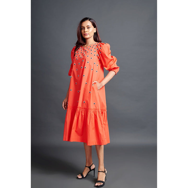 Deepika Arora Orange Long Gathered Hem Midi Dress