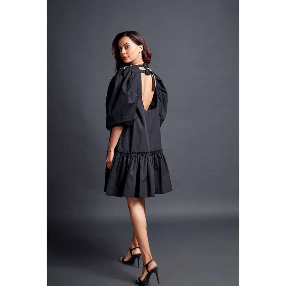 Deepika Arora Black Short Backless Gathered Hem Mini Dress