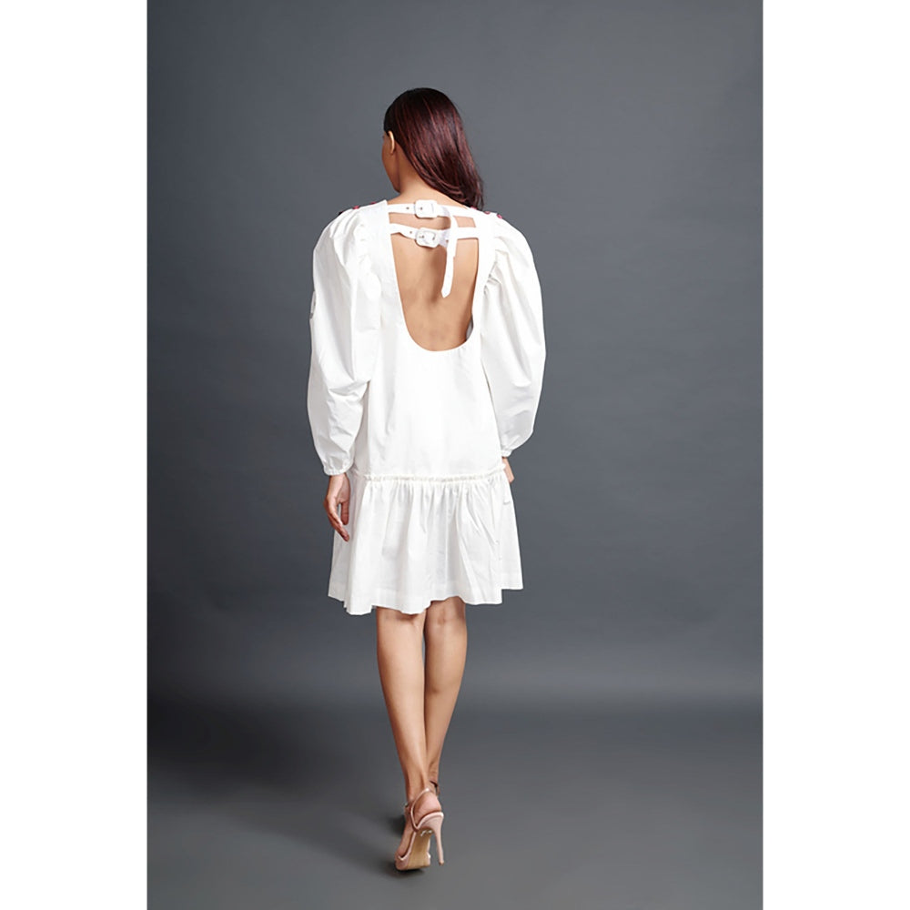 Deepika Arora White Short Backless Gathered Hem Mini Dress