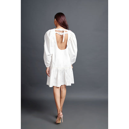 Deepika Arora White Short Backless Gathered Hem Mini Dress