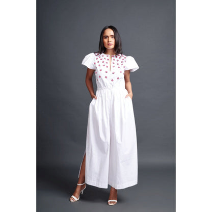 Deepika Arora Backless Embroidered Jumpsuit White