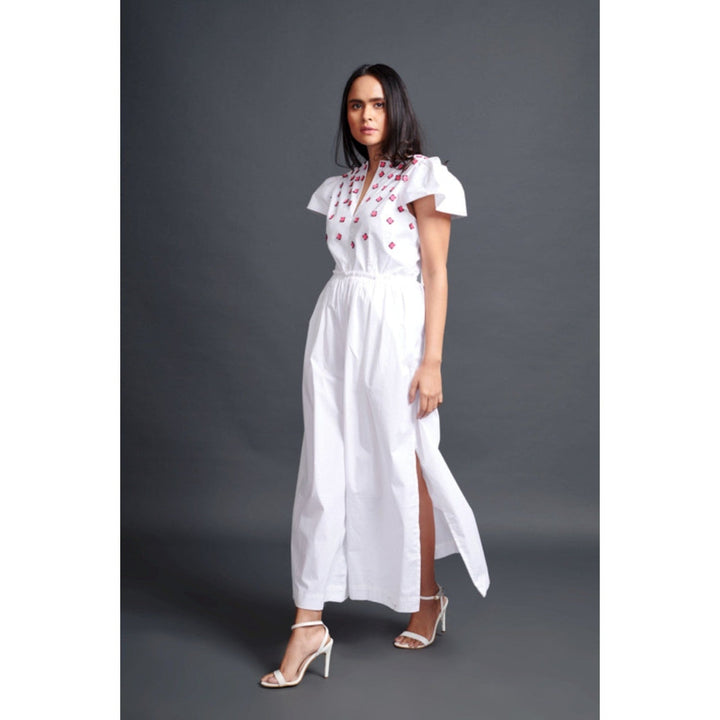 Deepika Arora Backless Embroidered Jumpsuit White