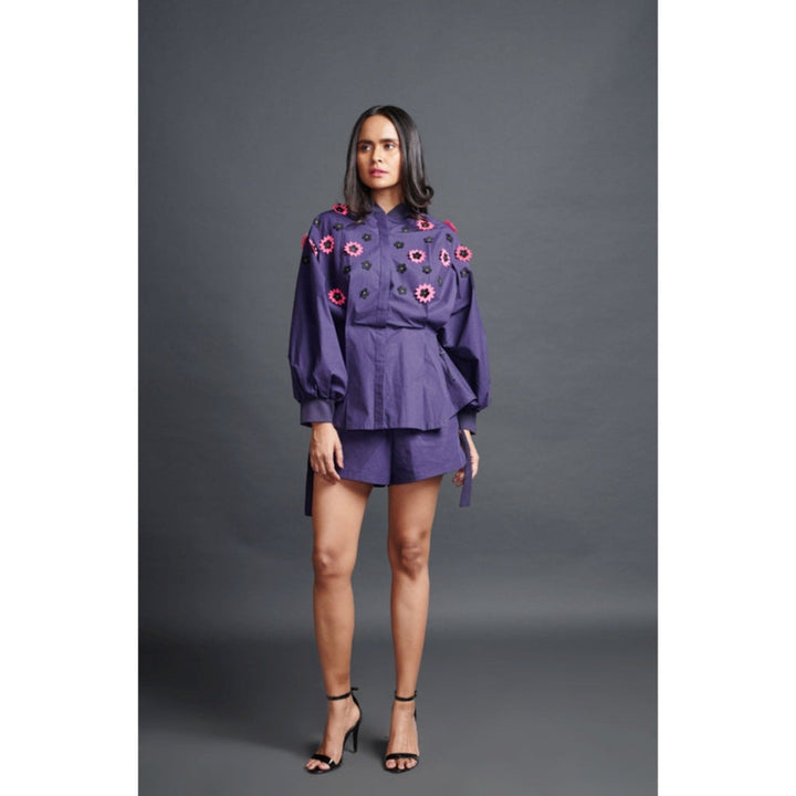 Deepika Arora Embroidered Shirt & Shorts Co-Ord Set Purple (Set of 2)