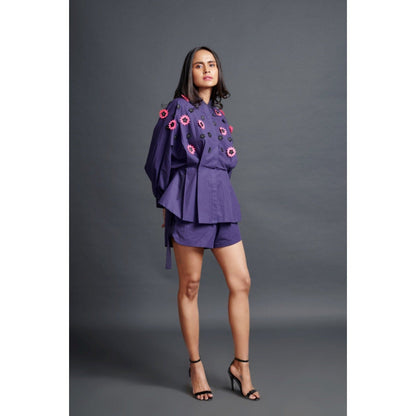 Deepika Arora Embroidered Shirt & Shorts Co-Ord Set Purple (Set of 2)