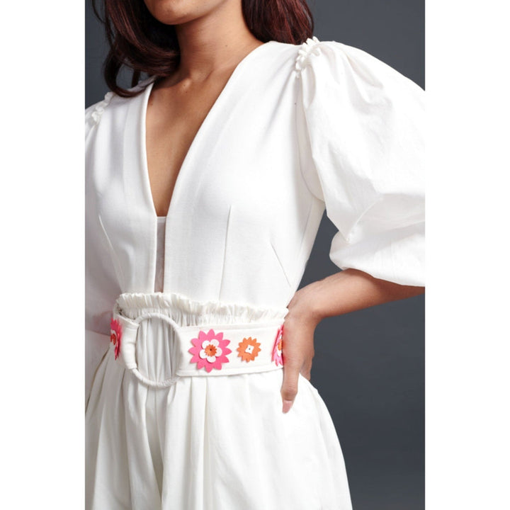 Deepika Arora Embroidered Monochrome Jumpsuit with Belt White (Set of 2)