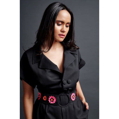 Deepika Arora Solid Notched Lapel with Belt Black (Set of 2)
