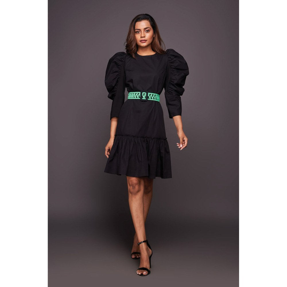 Deepika Arora Black Cotton Dress with Puffed Sleeves (Set of 2)
