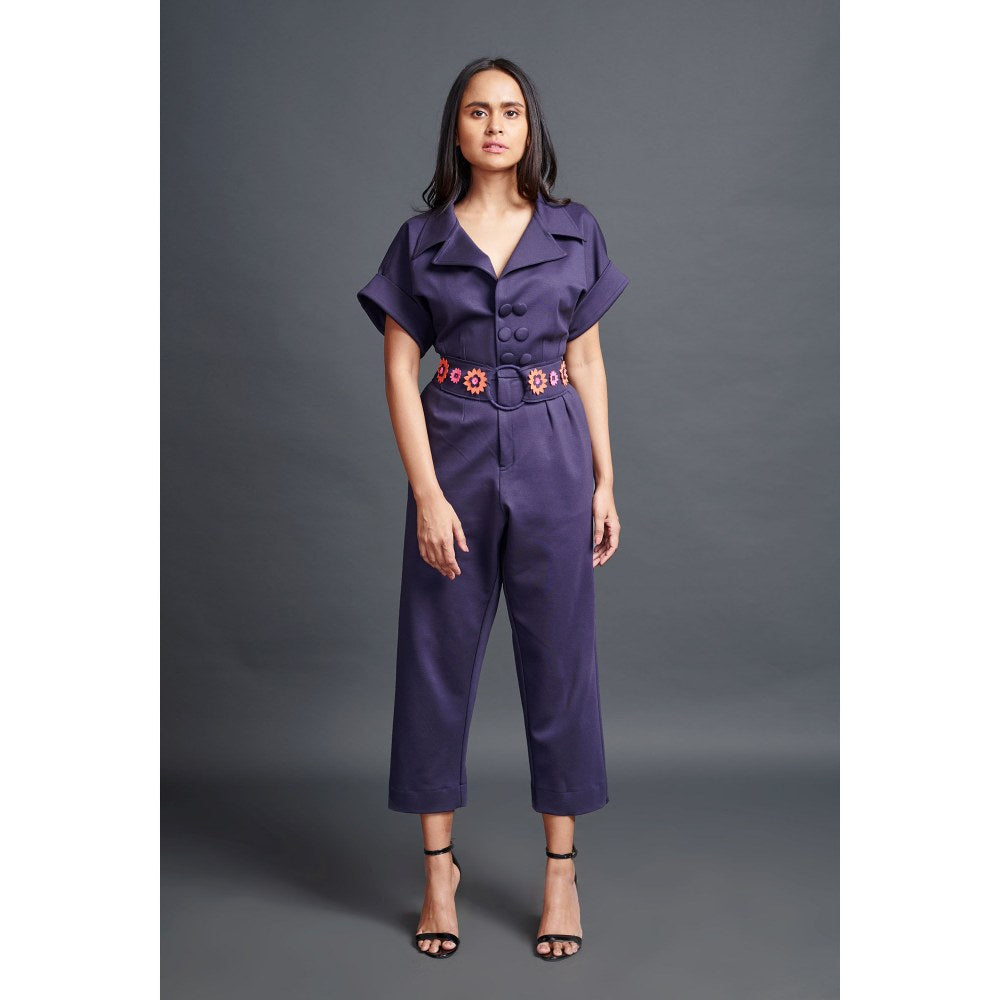 Deepika Arora Navy Blue Collared Jumpsuit with Belt (Set of 2)