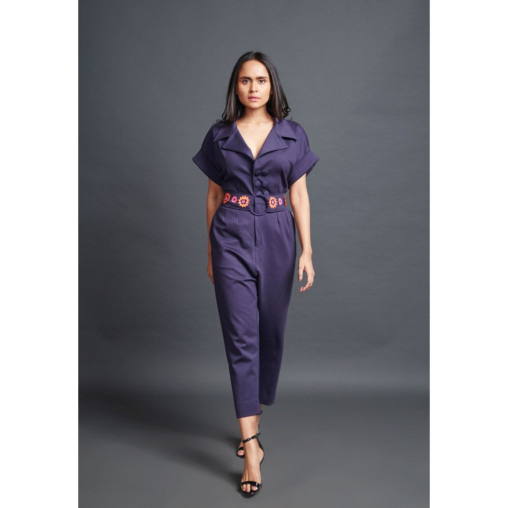 Deepika Arora Navy Blue Collared Jumpsuit with Belt (Set of 2)