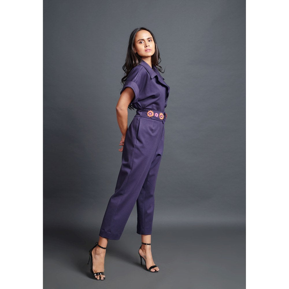 Deepika Arora Navy Blue Collared Jumpsuit with Belt (Set of 2)