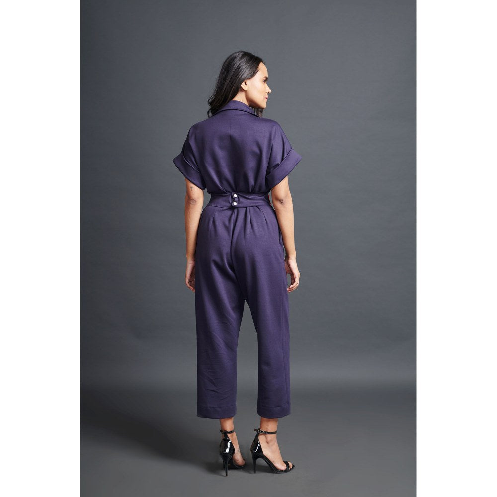 Deepika Arora Navy Blue Collared Jumpsuit with Belt (Set of 2)