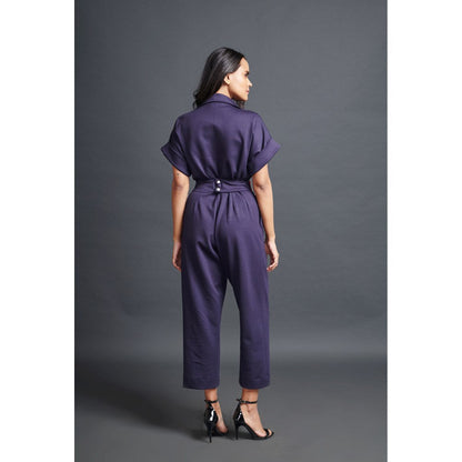 Deepika Arora Navy Blue Collared Jumpsuit with Belt (Set of 2)