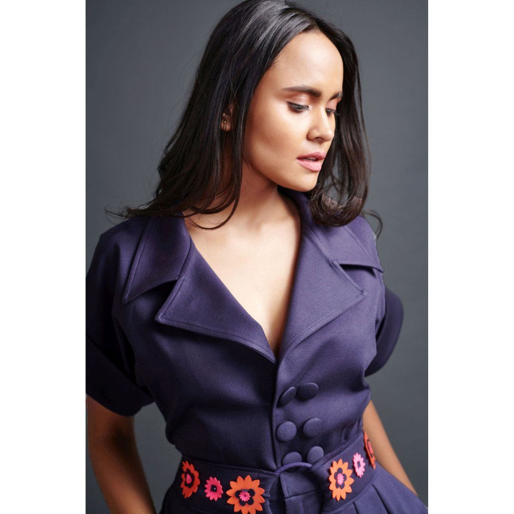 Deepika Arora Navy Blue Collared Jumpsuit with Belt (Set of 2)