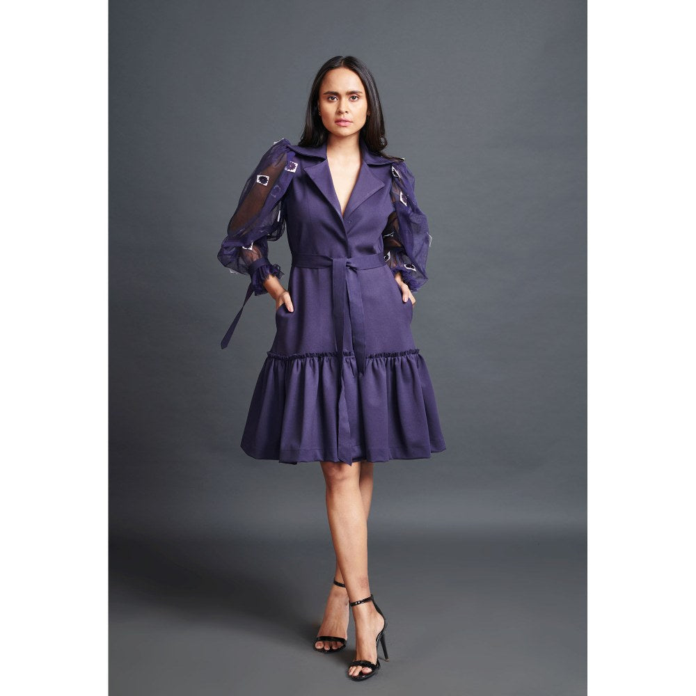 Deepika Arora Navy Blue Jacket Dress with Cutwork Sleeves (Set of 2)