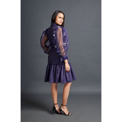 Deepika Arora Navy Blue Jacket Dress with Cutwork Sleeves (Set of 2)