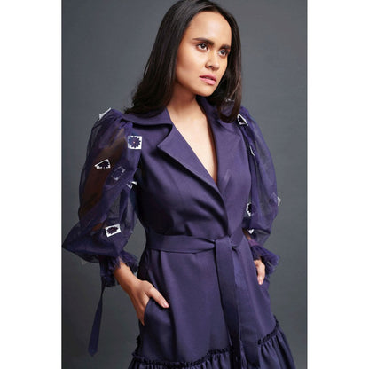 Deepika Arora Navy Blue Jacket Dress with Cutwork Sleeves (Set of 2)