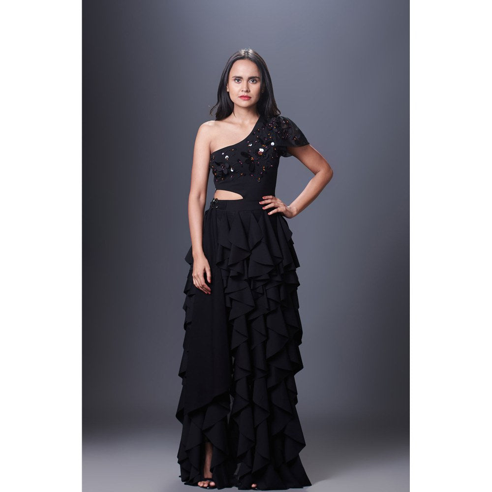 Deepika Arora Black One Shoulder Ruffle Dress
