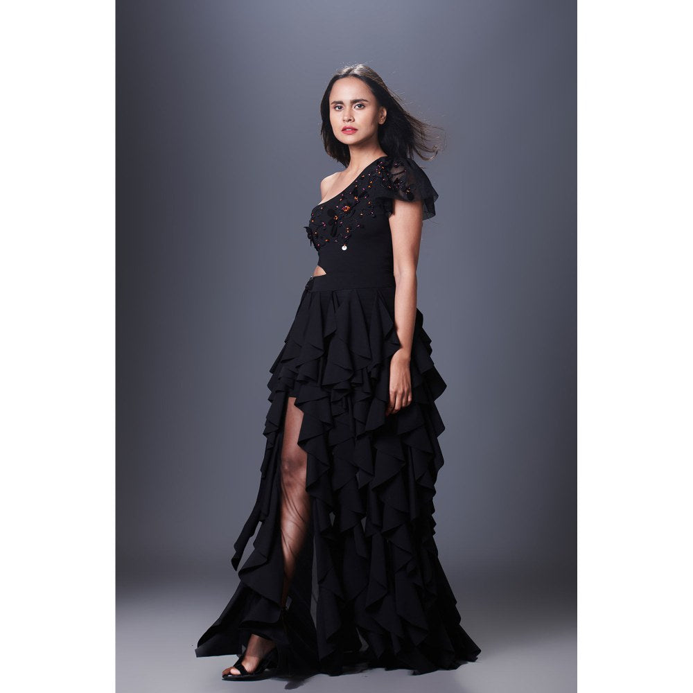 Deepika Arora Black One Shoulder Ruffle Dress