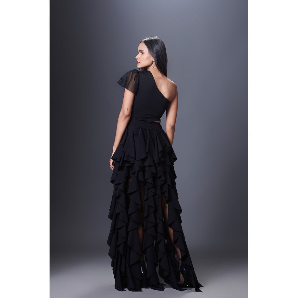 Deepika Arora Black One Shoulder Ruffle Dress