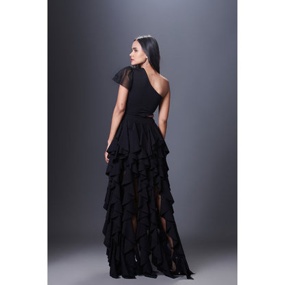 Deepika Arora Black One Shoulder Ruffle Dress