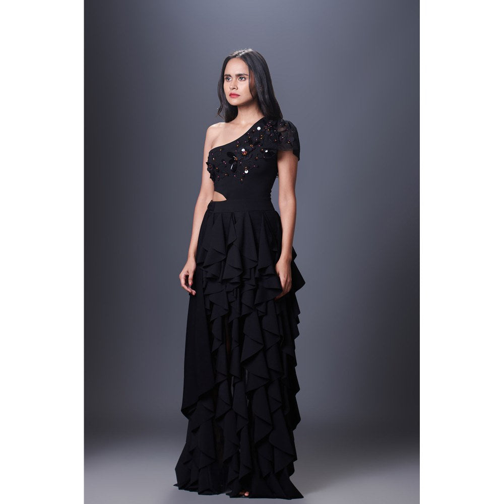 Deepika Arora Black One Shoulder Ruffle Dress