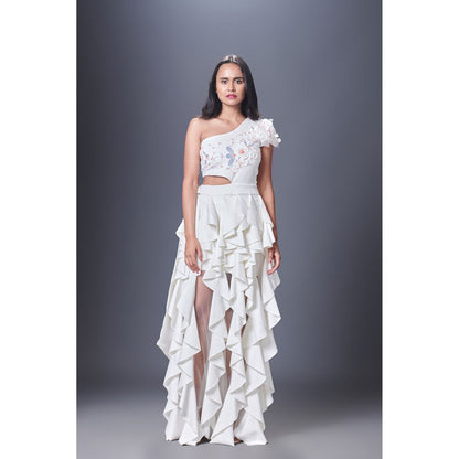 Deepika Arora White Shoulder Ruffle Dress