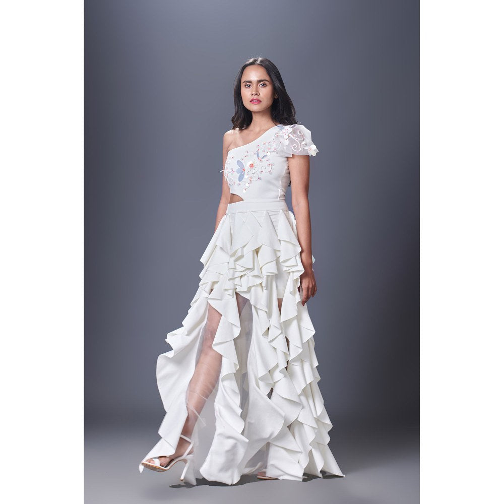 Deepika Arora White Shoulder Ruffle Dress