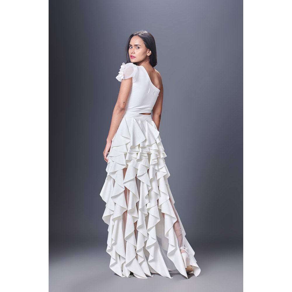 Deepika Arora White Shoulder Ruffle Dress