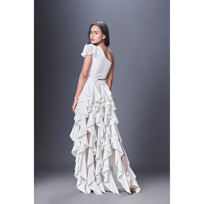 Deepika Arora White Shoulder Ruffle Dress